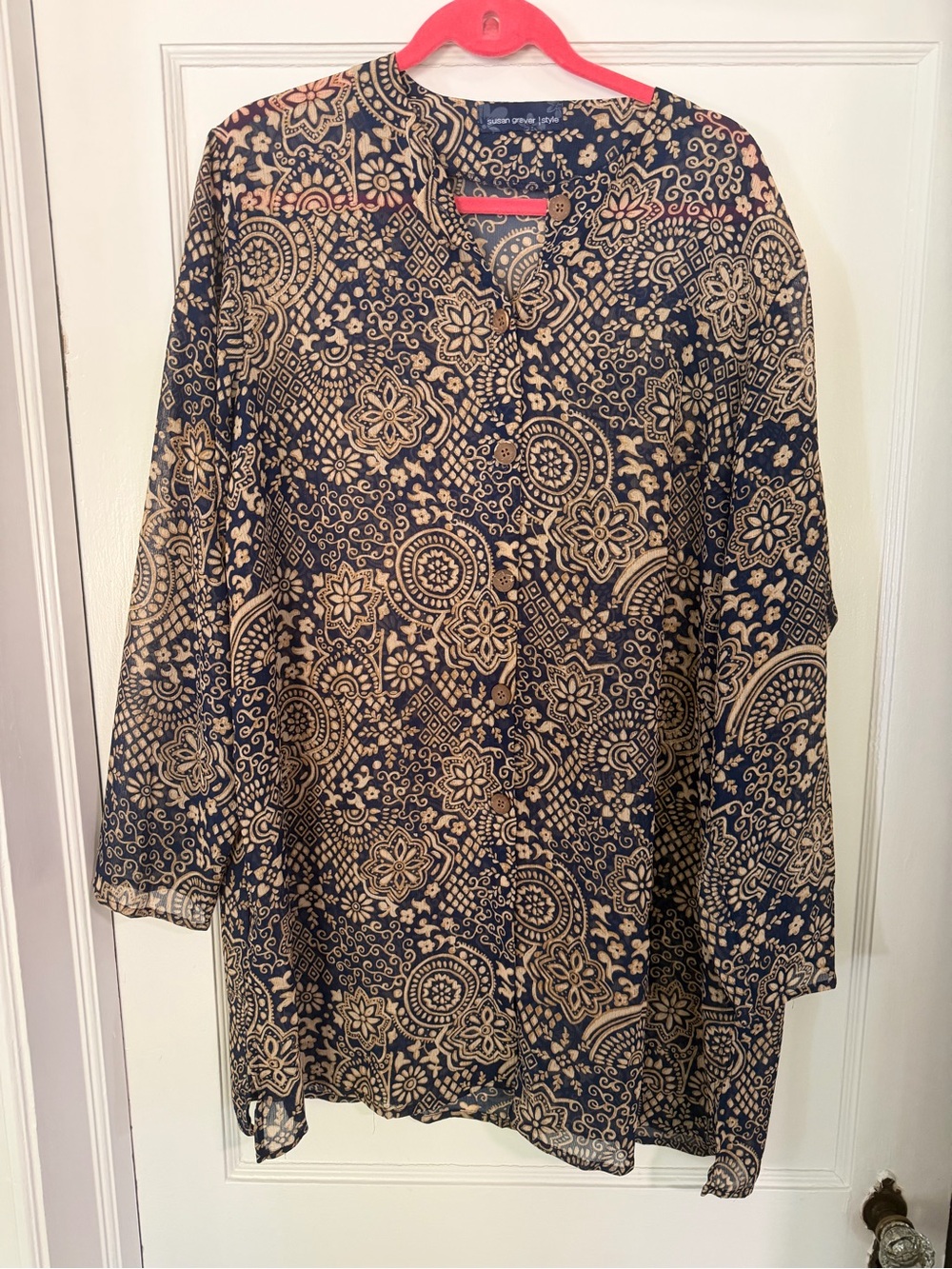 Susan Graver Style Navy & Tan Paisley Button-Front Tunic/Duster Sheer Womens XL